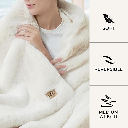 UGG Euphoria Plush Faux Fur Throw Blanket Medium Weight Reversible Luxury Soft Throw for Couch Bed or Chair Hypoallergenic Machine Washable Home Decor Fluffy Blanket, 50-inch x 70-inch, White Snow - White - Throw thumbnail 4