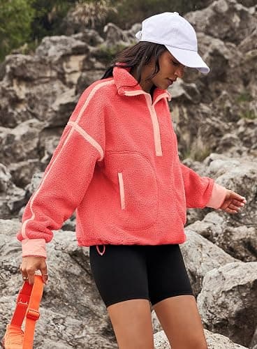 Yanekop Womens Quarter Zip Pullover Sherpa Fleece Jacket Oversized Zip Up Sweatshirt Half Zip Pullover Fuzzy Outerwear thumbnail 5