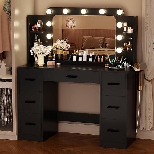 YESHOMY Vanity Desk with Large Lighted Mirror, Power Outlet and 11 Lights, Makeup Table with 7 Drawers and 3 Desktup Storage Units, 3 Color Modes Available for Bedroom, Black thumbnail 3