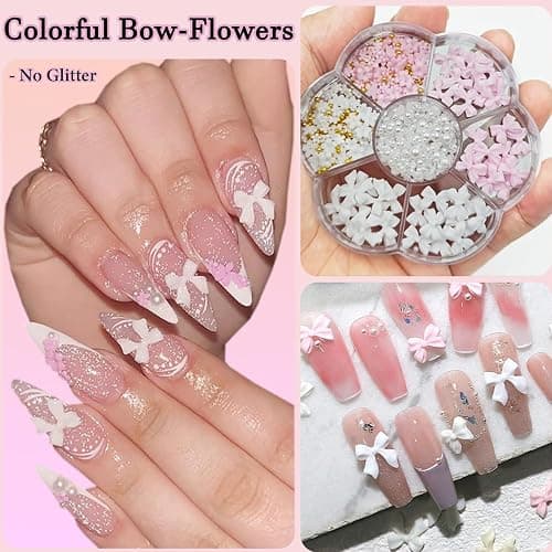 MSLSOZ 3D Nail Charms Set, 2 Boxes Nail Art Decor(Bow, Flower, Half Pearl), Pink Glitter Flower & Bow Nail Charms, Art Decorative Accessories for Manicure Design & DIY Crafts thumbnail 2