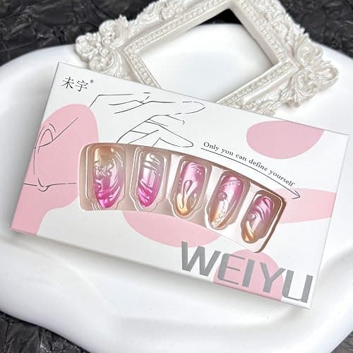 Cat Eye Fake Nails Almond Medium Press on Nails Pink Ombre False Nails Press ons 3D Spring Flowers Acrylic Nails Glossy Gradient Gel Artificial Nail with Designs Jelly for Women Girls Manicure 30Pcs thumbnail 5