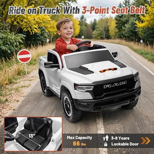Segmart Licensed RAM 1500 12V Kids Ride on Truck, Electric Car with Remote Control, RAM Truck for Kids with Real Key Start & Gear Shifter, Bluetooth Music, Back Storage (White) thumbnail 2