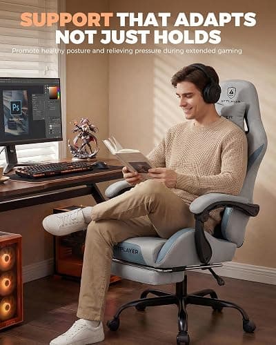 GTPLAYER Gaming Chair with Foot Rest & Pocket Spring Cushion, Ergonomic High Back Computer Desk Chair with Headrest & Lumbar Support for Back Pain Relief, Breathable Fabric, Mist-Blue thumbnail 7