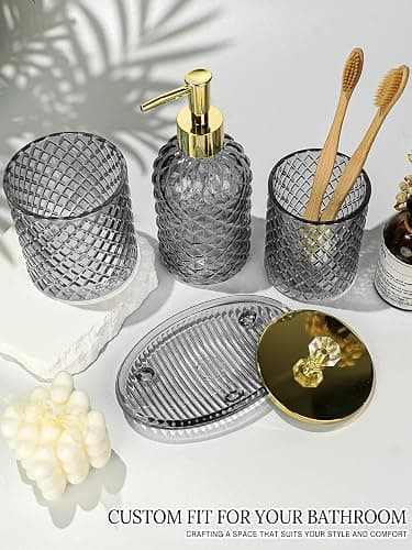 Haturi Gray Glass Bathroom Accessories Set, 4-Piece - Lotion Soap Dispenser, Toothbrush Holder, Cotton Swab Jar & Soap Dish – Elegant Gold Accent for Countertop & Housewarming Gift thumbnail 2