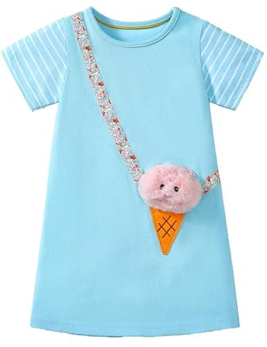 FreeLu Girls Cartoon Appliques Dress Cotton Summer Short Sleeve Dresses Casual Jersey Skirt - Image 1