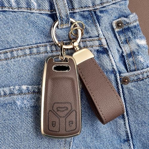 Axtrulix Key Fob Cover for Audi with Key Chain, Upper Leather + Soft TPU Key Cover Case Shell for A4 Q7 Q5 TT A5 SQ5 R8 S5 thumbnail 5