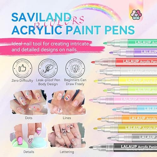 SAVILAND 12 Colors Nail Art Pens Set, 0.7mm Fine Tip Nail Polish Pens | 20s Quick Dry, No Smudging, Waterproof, Nail Art Markers for Painting Dots Liner Lettering & Design, Women Gift, Home DIY thumbnail 2