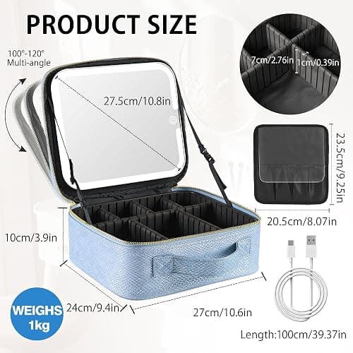 PRALENA Portable Travel Makeup Bag with Mirror and Light - 3 Colors,Adjustable Brightness Spacious Cosmetic Organizer,Mermaid Shine Blue thumbnail 6