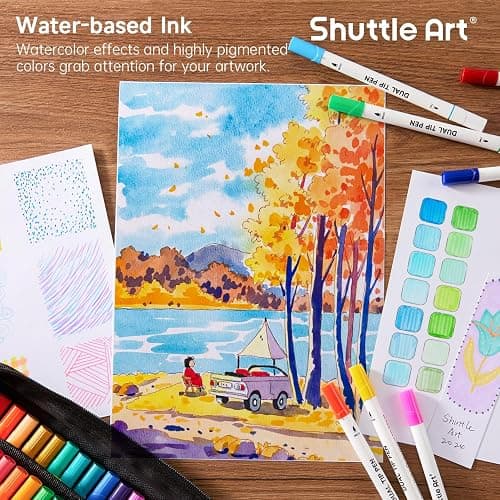 Shuttle Art Dual Tip Brush Marker Pens, 105 Colors Fine and Brush Tip Markers Set in Portable Case with 1 Coloring Book for Kids, Water-based Ink Adult Artist Coloring Calligraphy Journal Doodling thumbnail 5