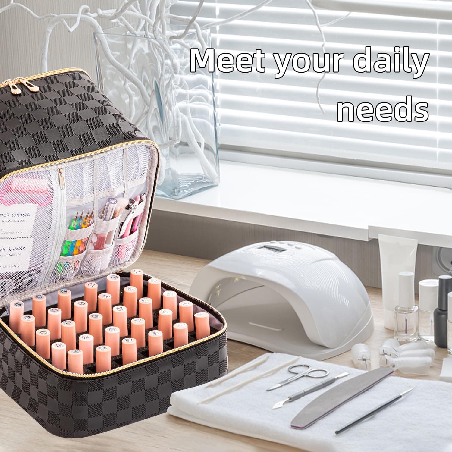 Portable Nail Polish Organizer Bag - Holds 30 Bottles and 1 UV Nail Lamp, Double-Layers Nail Case for Gel Nail Polish Kit, Nail Supplies Storage thumbnail 5