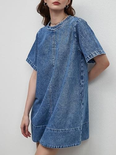 LifeShe Denim Dress for Women Summer Casual Short Sleeve Chambray Mini Jean Dresses with Pockets thumbnail 4