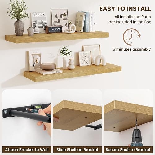 Fun Memories Floating Shelves for Wall, 30 Inch Long Floating Shelves Set of 2, 30 x 10 Wooden Shelves for Wall, Large Storage Shelves, Hanging Shelves for Bathroom Kitchen Bedroom, Oak thumbnail 7