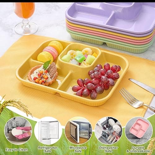 Pinkunn 8 Pcs 10'' Divided Plates Unbreakable Wheat Straw Dinnerware Lunch Trays Lightweight Reusable Plastic Compartment Microwave Dishwasher Safe Separator Plates (Green, Purple, Pink, Yellow) thumbnail 5