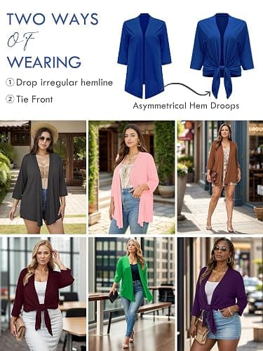 AusLook Women's Plus Size Lightweight Open Front Cardigan 3/4 Sleeve Cover Ups Shrugs Shawls and Wraps Kimono Jacket Coat thumbnail 3