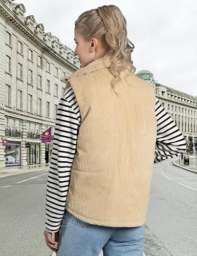 Aisongyuan Womens Corduroy Puffer Vest Stand Collar Zip Snap Button Sleeveless Warm Waistcoat Padded Gilet thumbnail 5