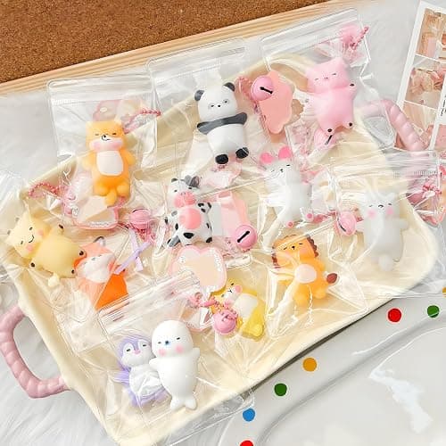 Luckana 12 Pcs Mini Animal Tabas Squishies Fidget Toy with Bell,Cute Stress Relief Squeeze Toys Party Favor Keychain Set Gift,Random Style - Image 1
