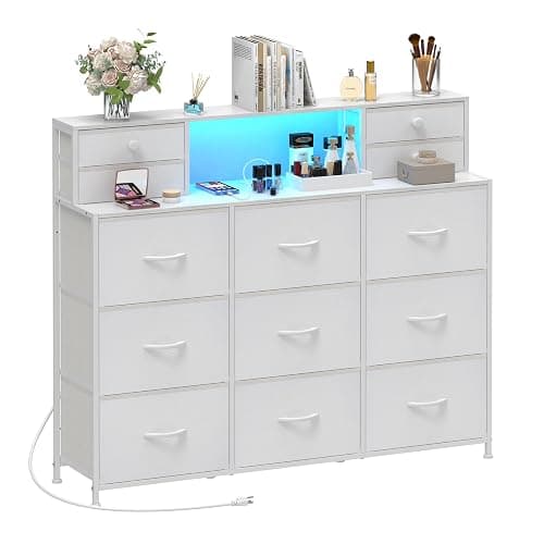 Welfuturer White Dressers for Bedroom with Power Outlets and LED Lights 13 Drawers Dresser Faux Leather Fabric Chest of Drawers for Bedroom Living Room Hallway Entryway Closets Sturdy Frame Wood Top - White - Image 1