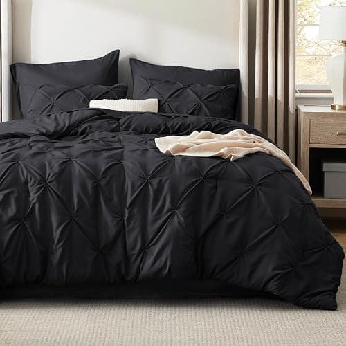 Bedsure Oversized Queen Comforter Set Black - Bed in a Bag Bedding Set 7 Pieces, GentleSoft™ Pintuck Bed Set Gift for Family, Pinch Pleat All Season Comforter with Sheets, Pillowcases & Shams - Image 1