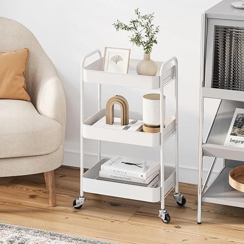 TOOLF 3-Tier Rolling Cart - Metal Utility Storage Organizer with Lockable Wheels, 33 lbs Per Shelf, Tool-Free 5-Min Assembly, for Kitchen Bathroom Office Nursery Craft Room, White thumbnail 8