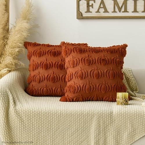 AVOIN colorlife Fall Pumpkin Caramel Throw Pillow Covers, 18 x 18 Inch Seasonal Autumn Thanksgiving Harvest Decoration Soft Plush Faux Fur Jacquard Cushion Case Decoration for Sofa Couch Set of 2 thumbnail 2