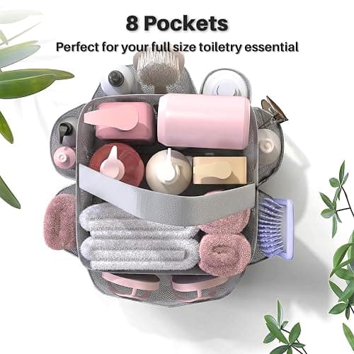 YASONIC Mesh Shower Caddy Portable for Dorm College Room Essentials, 8-Pocket Large Shower Bag with Single Handles, Hanging Shower Basket for Beach, Swimming, Bathroom, Beach, Grey thumbnail 4