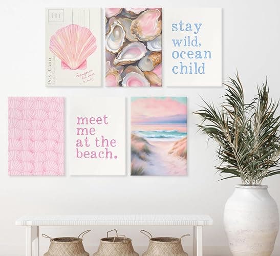Pink Beach Preppy Canvas Wall art Coastal Granddaughter Aesthetic Room Painting Picture Wall Decor Shells Oyster Poster Print Artwork for Girls Room Girls Dorm Home Decoration thumbnail 7