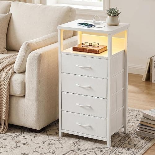 Fixwal Night Stand with Charging Station, White Led Nightstand, 4 Drawers | fabric drawer, built-in bedside charger, 2 AC outlets & 2 USB ports, open top shelf, bedroom furniture, end table thumbnail 7