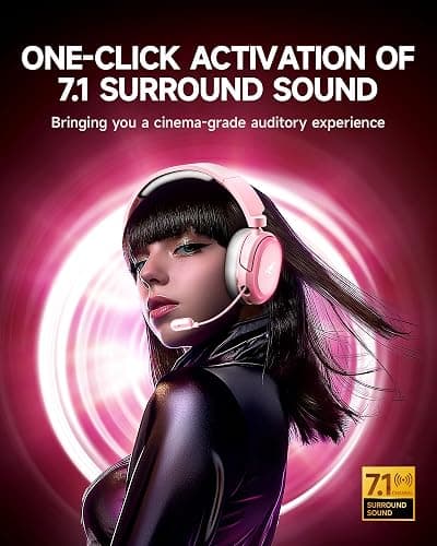 Wireless Gaming Headset, 7.1 Surround Sound, 2.4GHz USB Gaming Headphones with Bluetooth 5.4, 100H Battery, ENC Noise Canceling Mic, RGB Light, Wireless Headset for PC PS5 PS4 Mac Switch (Gray-Pink) thumbnail 2