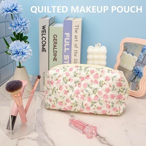 PAZIMIIK Vintage Quilted Makeup Bag Cosmetic Pouch for Brushes Pencils and Travel Make Up Accessories for Women and Girls Flower White thumbnail 7