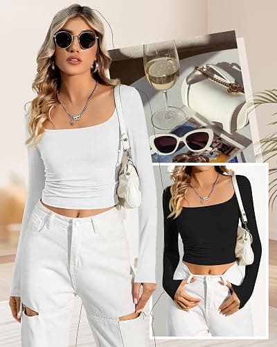 Riyiper 3 Pack Women's Long Sleeve Crop Tops, Square Neck Workout Shirts Tees Going Out Y2k Tops Basic Slim Fitted Base Layer thumbnail 5