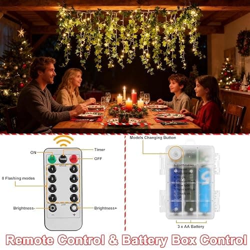 Joysing Efeu Lichterkette Innen 10M 100 LED Efeu Girlande mit Lichterkette Batteriebetrieben mit Fernbedienung Timer, 8 Modi Fake Efeu Lichterketten Wasserdicht Weihnachtsbeleuchtung fur Zimmer Aussen thumbnail 2