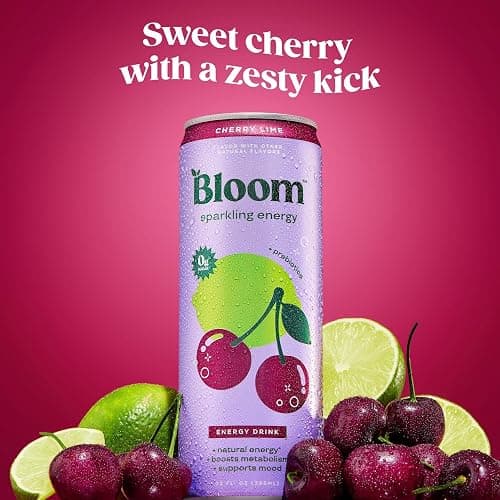 Bloom Nutrition Sparkling Energy Drink - Natural Caffeine, Zero Sugar, 180mg Caffeine - Antioxidant-Rich w/Green Coffee Bean, Green Tea Extract, Prebiotics - Cherry Lime - 12oz 12 pk thumbnail 2