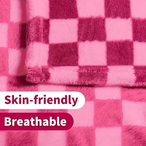 FY FIBER HOUSE Checkered Flannel Fleece Throw Blanket Soft Cozy Checkerboard Grid Print Chessboard Gingham Pattern Blankets for Bed Couch Sofa, 50"x60", Hot Pink - Hot Pink - 50"X60" thumbnail 5