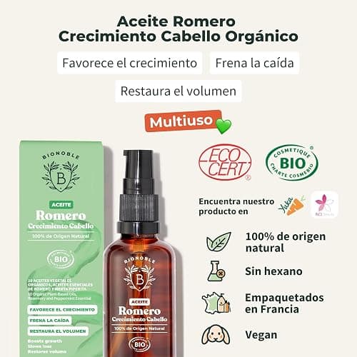 BIONOBLE Aceite de Romero para el Cabello Orgánico - Estimula Crecimiento Pelo, Nutre el Cuero Cabelludo - Aceite Esencial de Romero, Ricino - Rosemary Oil Hair Growth - Botella Vidrio, Pipeta - 50ml thumbnail 2