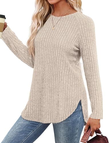 Saloogoe Long Sleeve Shirts for Women 2025 Fall Clothes Tunic Tops Loose Fit Dressy Crewneck Pullover Sweaters Curved Hem thumbnail 2