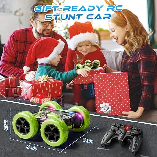 Zalneo Remote Control Car – 4WD 360° Flip Double‑Sided RC Stunt Car LED Light Bar & USB‑C Modular Battery, Off‑Road Toys for Boys Ages 6‑12, Birthday Gift, Black‑Green thumbnail 2