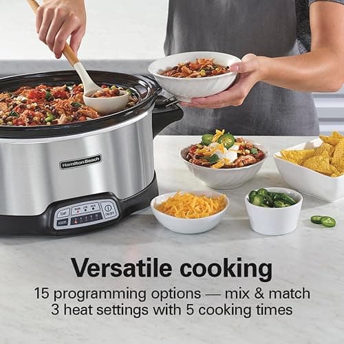 Hamilton Beach Programmable Stay or Go® Slow Cooker, 7 Quart Capacity, Includes 20 oz. Party Dipper Food Warmer, Silver, R33477 (Renewed) thumbnail 6