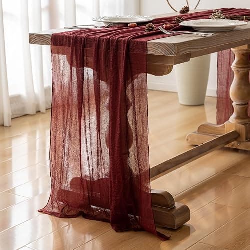 Keketoarrange Burgundy Table Runner Valentines Decor Red Cheesecloth Gauze 120 Inch 10 FT Rustic Boho Cheese Cloth Runner for Wedding Baby Bridal Shower Party Long Sheer Spring Home Decorations thumbnail 2