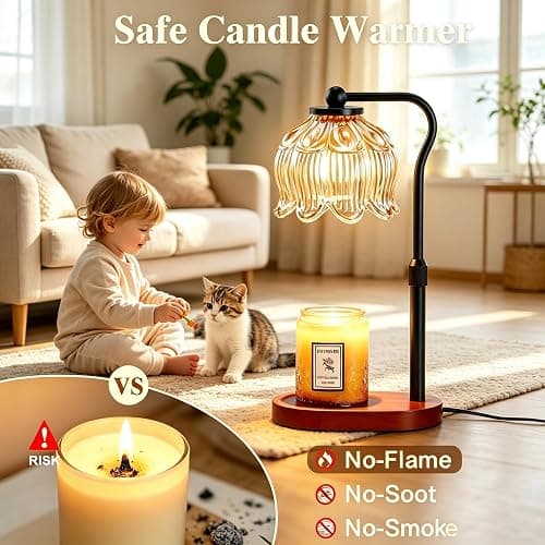 Briever Flower Candle Warmer Lamp, Adjustable Height Electric Candle Lamp with Timer & Dimmer, Wooden Base Wax Warmer, Christmas Birthday Housewarming Gifts for Women Mom, Walnut-Champagne thumbnail 5