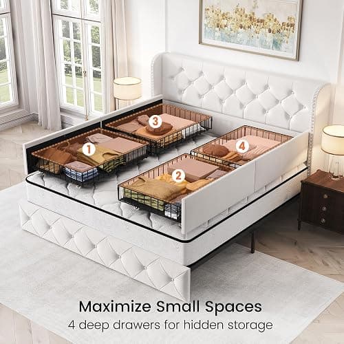 LARMACE Queen Size Bed Frame with 4 Storage Drawers and Wingback Headboard Velvet Upholstered Platform Bed Frame Tufted Beds with Wooden Slats Support, Easy Assembly, White thumbnail 4