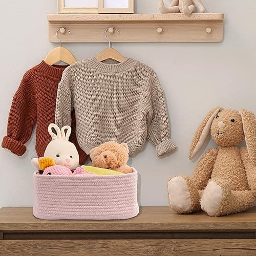 XUANGUO Small Woven Storage Baskets 12“X8”X5“ Decorative Rope Bins for Organizing Shelves, Closets, and Toys, Empty Gift Baskets, Cute Organizer Basket for Home and Office (pink, regular) - pink - regular thumbnail 5