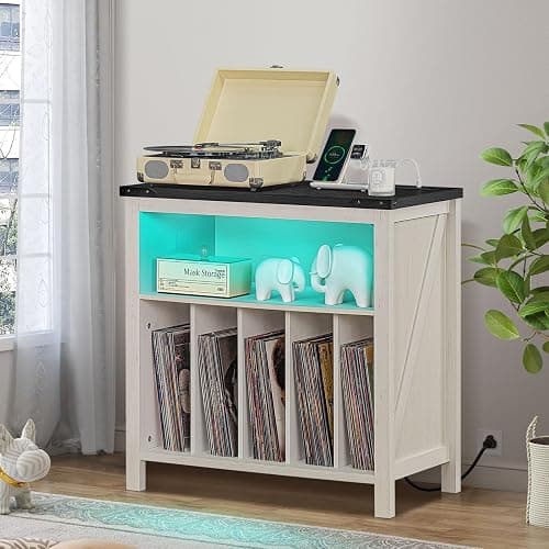 Joaxswe Large Record Player Stand with Charging Station & LED Lights, Vinyl Records Storage Holder Cabinet Holds up to 230 Albums, Turntable Stand for Music Room, Bedroom, Living Room, Office (White) thumbnail 7