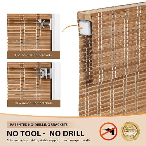 LazBlinds No Drill Cordless Bamboo Roman Shades, 30" W × 64" H, Brown | Tool-Free Light Filtering Window Treatment, Roll Up Bamboo Blinds for Windows thumbnail 3