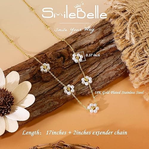 SmileBelle Pearl Necklaces for Women, Daisy Pearl Choker as Y Shaped Pearl Jewelry Gold Heart Necklace for Anniversary Birthday Gifts White Baroque Necklace as Wedding Jewelry thumbnail 4