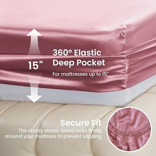 Love's cabin Satin Queen Sheets Set, 4 Pieces, Rose Taupe, 15" Deep Pocket | Luxury Silky Touch Bedding Set: Fitted Sheet, Flat Sheet & Pillowcases, Soft Smooth Silk Feel, All-Around Elastic Snug Fit thumbnail 4