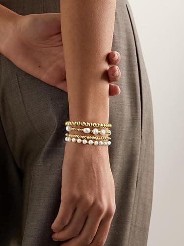 Gold Beaded Bracelets for Women Baroque Pearl Stackable14K Gold Plated Stretch Bead Ball Bracelet Jewelry Gifts thumbnail 4