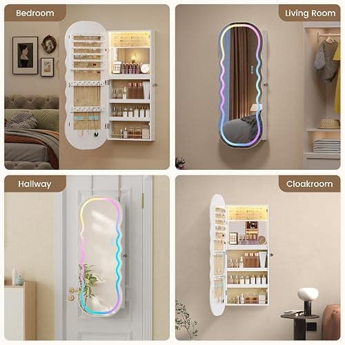 Lvifur RGB Lighted Mirror Jewelry Cabinet,LED Wavy Wide Mirror with Storage, Wall or Door Mounted Jewelry Organizer with Interior Mirror,Lockable Jewelry armoire,Gift Ideal thumbnail 6
