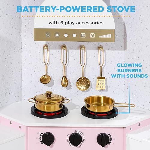 Best Choice Products Pretend Play Corner Kitchen, Ultimate Interactive Wooden Kids Playset w/Lights & Sounds, Ice Maker, Hood - Bevel Pink thumbnail 8