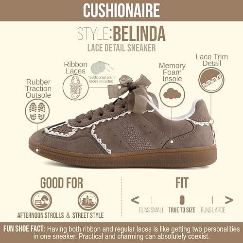 CUSHIONAIRE Belinda Women’s Lace Detail Casual Sneakers – Elegant Ribbon Lace-Up Shoes with Memory Foam thumbnail 4