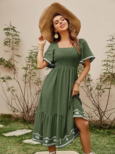 Glamaker Women's Short Sleeve Smocked Square Neck A Line Summer Flowy Maxi Long Dress thumbnail 3